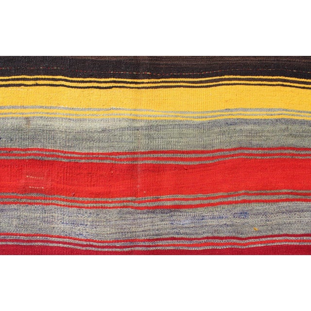 Red Colorful Vintage Turkish Kilim Rug With Subtle Tribal Shapes and Stripes Design For Sale - Image 8 of 13