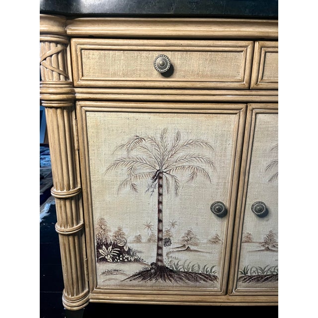 Tan Palm Beach Hollywood Regency Faux Bamboo Cabinet – Hand-Painted Tropical Chest With Stone Top For Sale - Image 8 of 11
