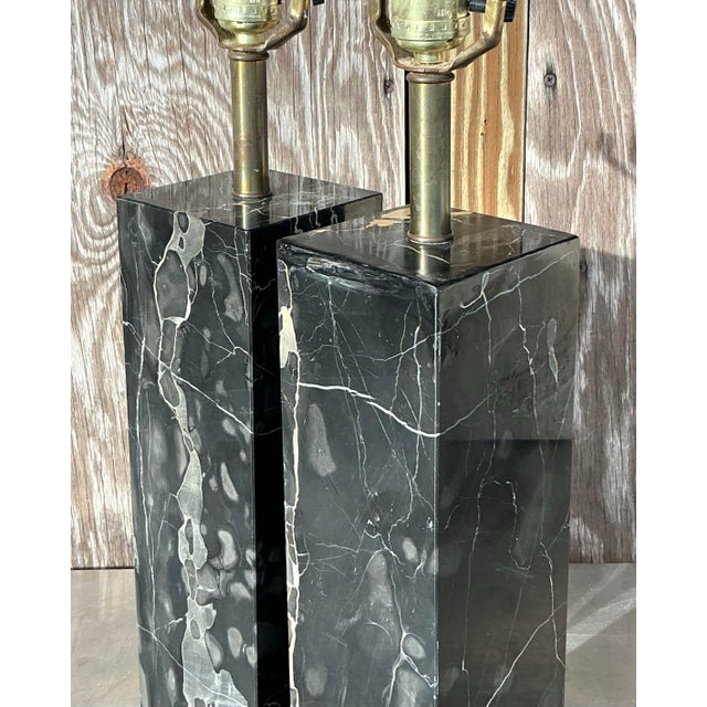 Stone Vintage Boho Solid Black Marble Lamps - a Pair For Sale - Image 7 of 8
