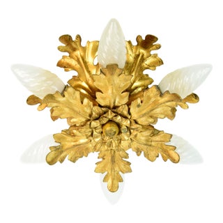 Vintage Florentine Gilt Metal Ceiling Light with Oak Leaves attributed to Banci Firenze, Italy, 1960s For Sale