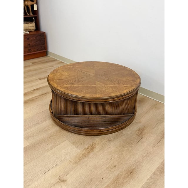 Mid 20th Century Pencil Reed Rattan Burlwood Inlay Round Coffee Table Gabriella Crespi Style Rare For Sale - Image 4 of 12