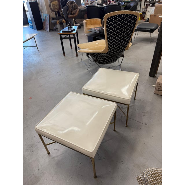 Metal 1950s Paul McCobb for Calvin X Base Brass Stools w/ Original Upholstery For Sale - Image 7 of 16