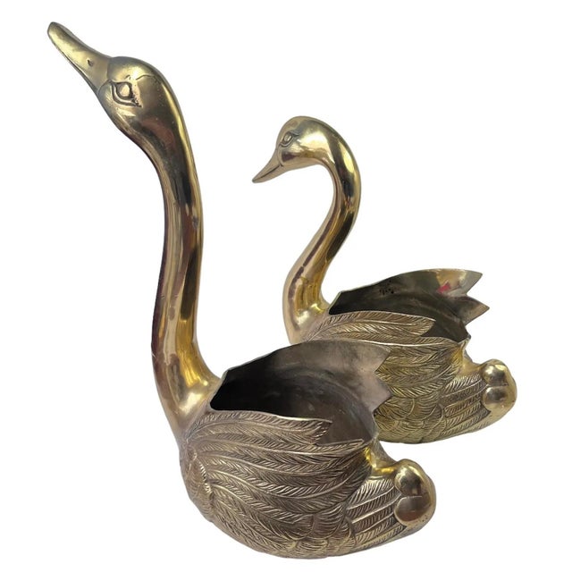 Hollywood Regency Large Vintage Brass Swan Planters - A Pair For Sale - Image 3 of 8