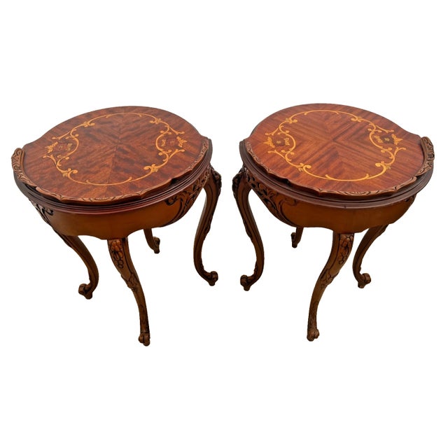 1930s 1930s Two French Side Tables, Display, Nightstands, Round Top Floral Marquetry For Sale - Image 5 of 13