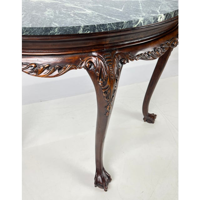 Chippendale Vintage Chippendale Style Carved Mahogany Green Marble Top Demilune Console Table For Sale - Image 3 of 13