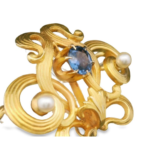 Traditional Early 20th Century Antique 14k Yellow Gold Seed Pearl & Sapphire Brooch/Watch Fob For Sale - Image 3 of 9