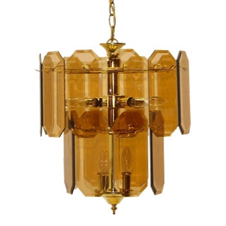 1970's Smoked Etched Beveled Glass and Brass Chandelier For Sale