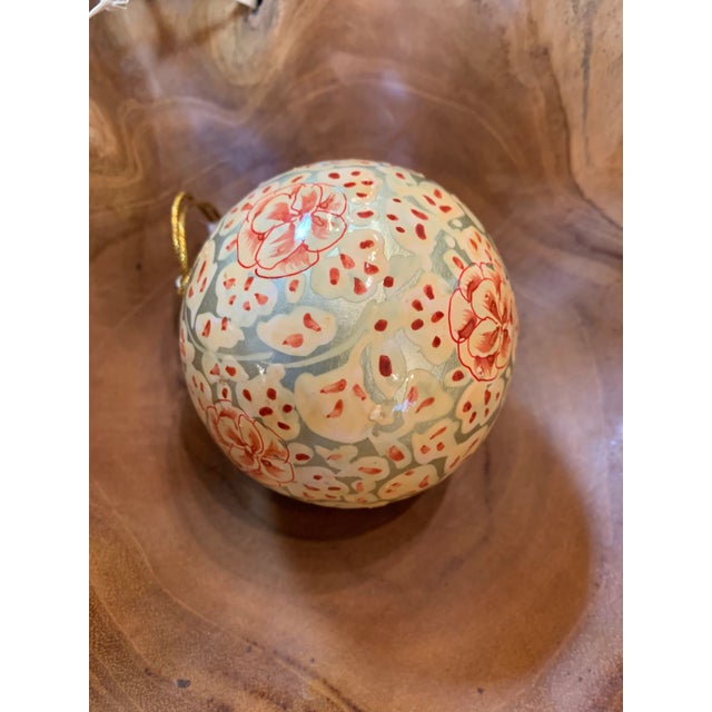 Far Pavilions Handcrafted Kashmiri Paper Mache Christmas Ornaments | Colorful Hand Painted Floral Tree Decor| Unique Holiday Bauble Set| Festive Bird Gift For Sale - Image 4 of 10