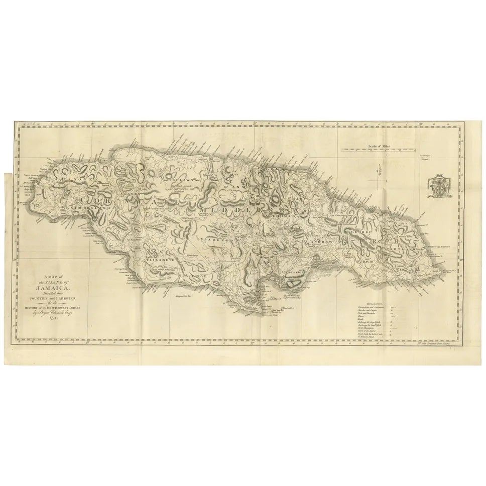 Map of Jamaica by Bryan Edwards Parishes, 1794 | Chairish