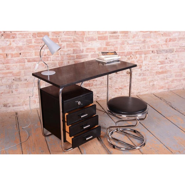 Bauhaus Writing Desk in Oak and Chromed Steel by Robert Slezák, Czech, 1930s For Sale - Image 4 of 16
