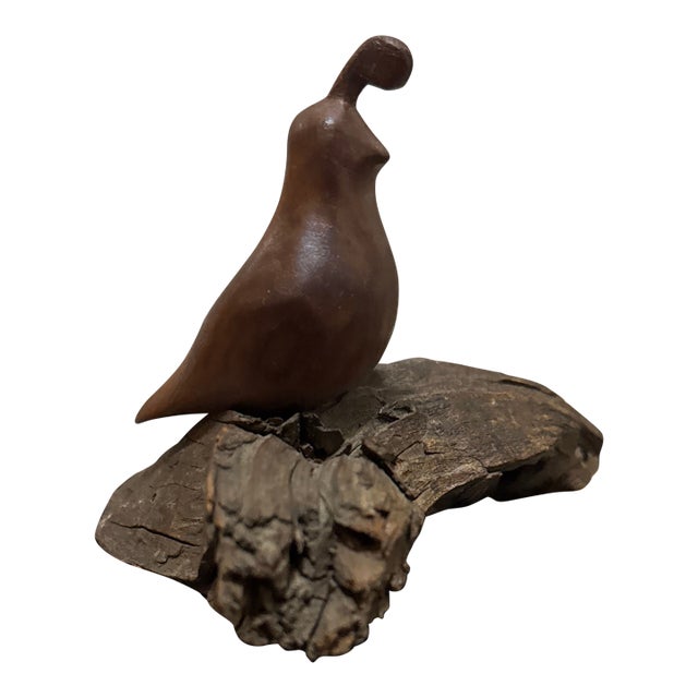 Mid-Century Modern Hand-Carved Wood Quail Sculpture on Driftwood Base For Sale