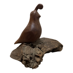 Mid-Century Modern Hand-Carved Wood Quail Sculpture on Driftwood Base