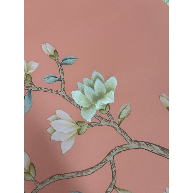 Pink Hand-Painted Coral Chinoiserie Wallpaper Panels – Floral Bird Mural, Luxury Statement Wall Art, 3 Panels 31x78” For Sale - Image 8 of 8