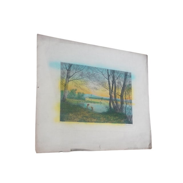 The American School Antique Arthur Fuller Davis Signed Colored on the River Bank Etching 18" For Sale - Image 3 of 10