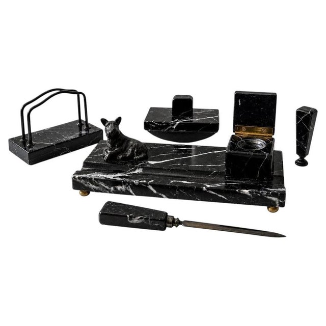 Swedish Art Deco Black Marble Desk Set with Terrier Sculpture, 1930, Set of 5 For Sale - Image 9 of 9