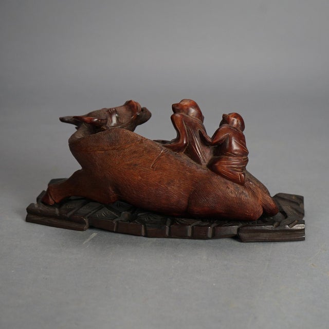 Antique Chinese Carved Wood Sculpture of Water Buffalo with Figures C1920 Measures - 5.5"H x 11.75"W x 5"D