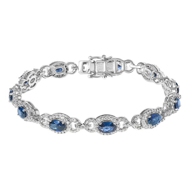 14K White Gold Vintage-Inspired Oval Blue Sapphire & Diamond Link Bracelet For Sale