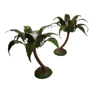 1990’s Petite Choses Palm Tree Votives in Metal Toleware - a Pair For Sale