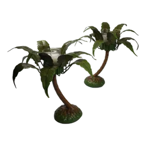 1990’s Petite Choses Palm Tree Votives in Metal Toleware - a Pair