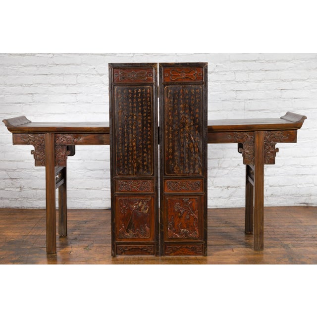 Early 20th Century Chinese Brown & Red Two-Panel Screen with Calligraphy For Sale - Image 11 of 13