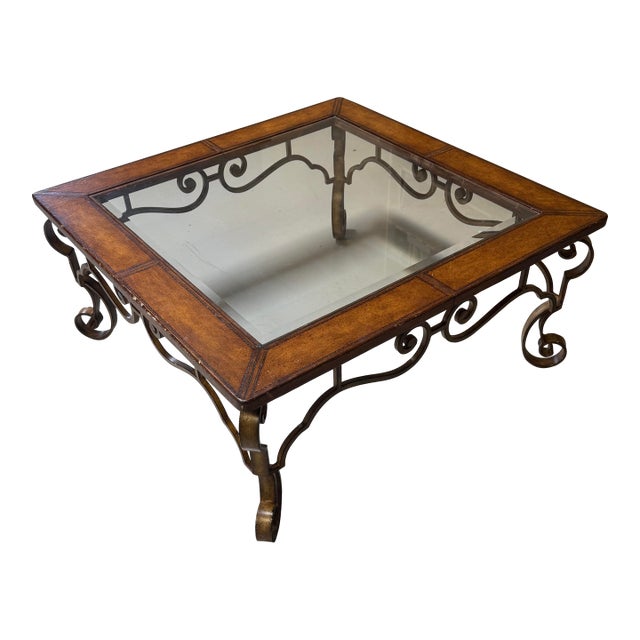 1990s Vintage Thomasville Leather, Iron, & Glass Top Coffee Table For Sale