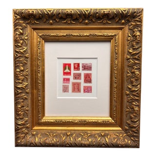 Framed Vintage Postage Stamp Collage, Petites Couleurs: Rouge For Sale