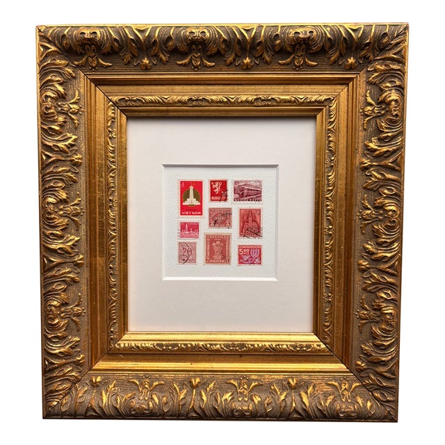 Framed Vintage Postage Stamp Collage, Petites Couleurs: Rouge For Sale
