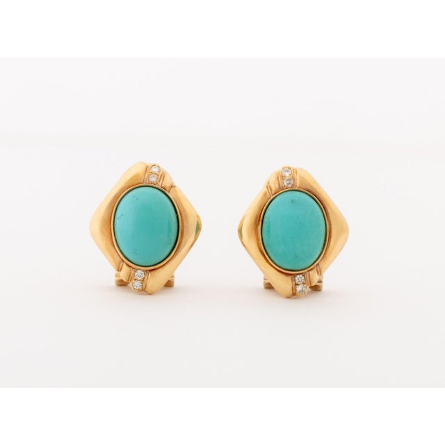 Vintage Modernist 14k Yellow Gold and Turquoise Diamond Earrings For Sale - Image 4 of 9