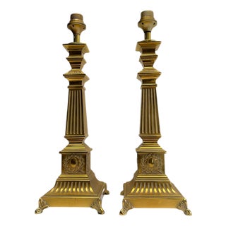 Large Footed Brass Roman Column Table Lamps, 1950s, Set of 2 For Sale