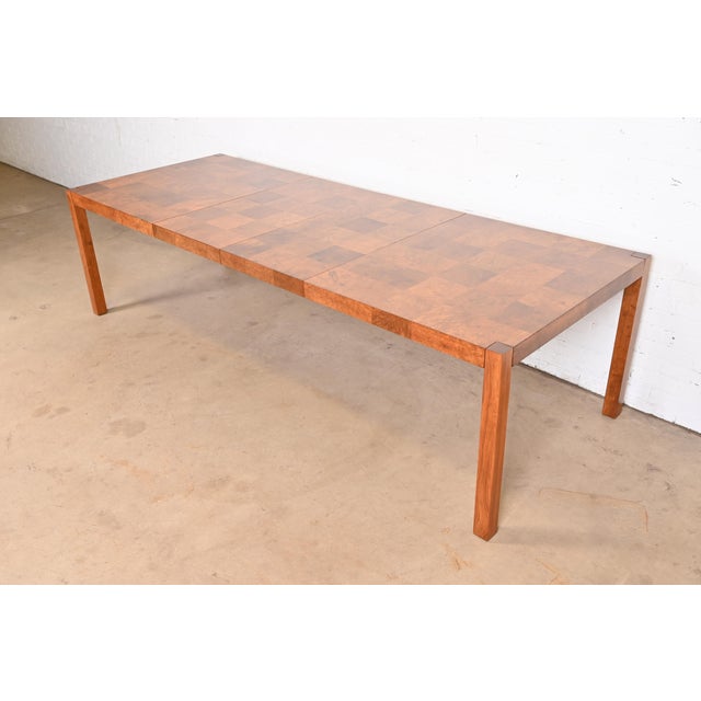 Milo Baughman for Thayer Coggin Patchwork Burl Wood Parsons Extension Dining Table, Newly Refinished For Sale - Image 12 of 12