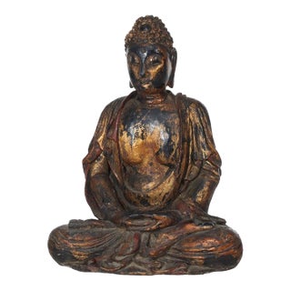 Oversized Antique Ebonized, Gilt & Vermillion Carved Wood Seated Buddha 19thC For Sale