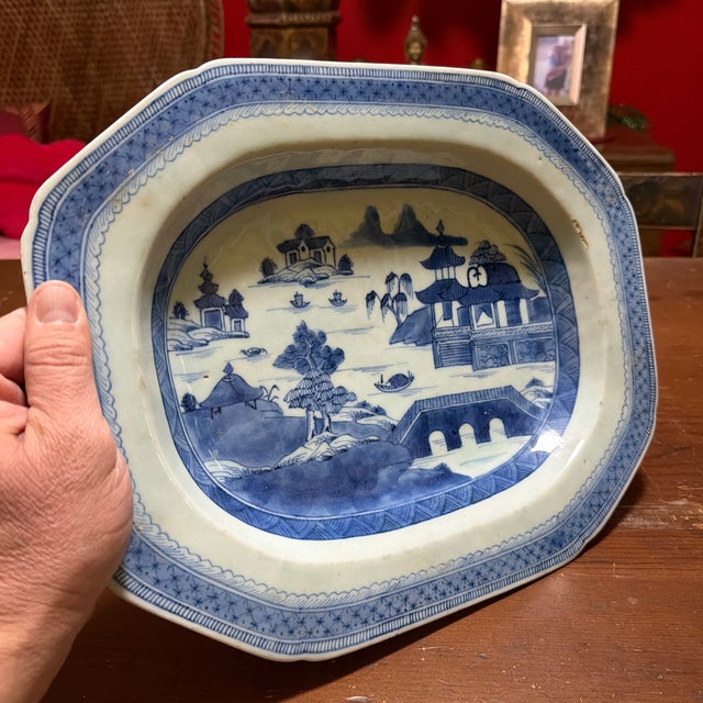 Antique Chinese Blue and White Canton Porcelain Deep Platter, Circa 1830s For Sale - Image 9 of 12