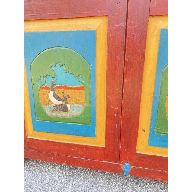 Late 20th Century Country Farmhouse Red & Blue Forest Carved Wardrobe Tv Entertainment Cabinet For Sale - Image 11 of 12