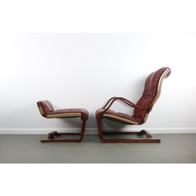 Mid-Century Modern Bentwood Afromasia Chair in Oxblood Red Leather with Matching Ottoman - 2 Pieces For Sale - Image 3 of 11