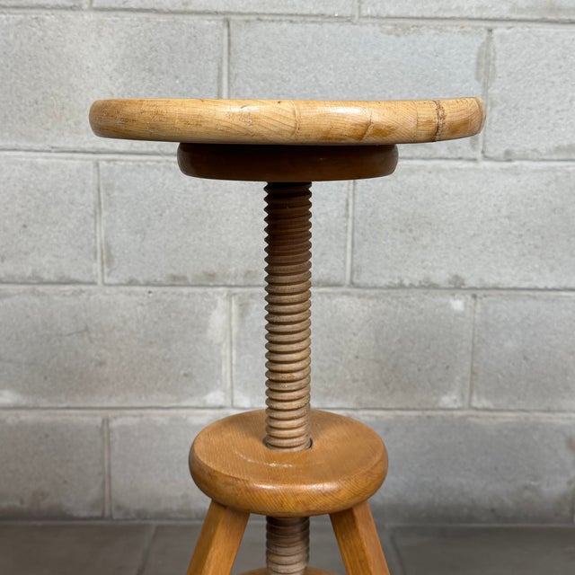 Wood Vintage Swedish Industrial Adjustable Swivel Wooden Stool with Screw, 1970s For Sale - Image 7 of 11