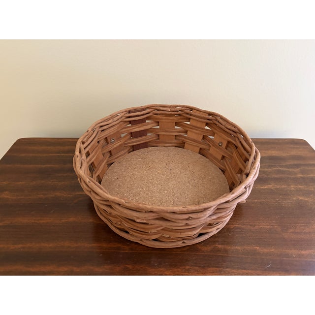 Vintage Round Woven Oak Casserole Serving Basket With Leather Handles For Sale - Image 9 of 13