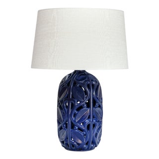 Blue Ceramic Table Lamp with Botanical Openwork Relief from Michael Andersen, 1940s For Sale