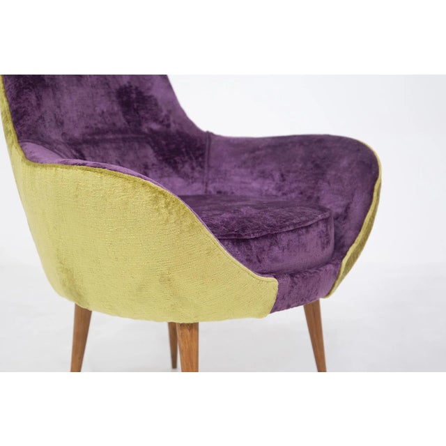 Set of Vintage Wooden Armchairs in Purple and Green Velvet For Sale - Image 4 of 11