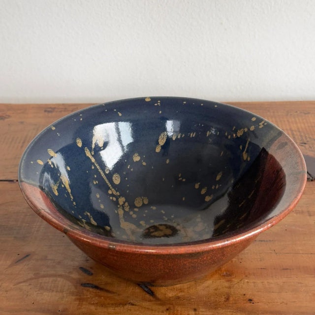 Colorblock Glazed Ceramic Studio Pottery Bowl With Gold Splatter Accents For Sale - Image 4 of 6