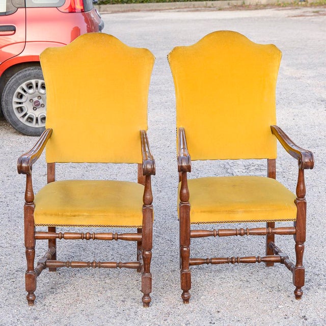 Armchairs in Carved Wood and Yellow Velvet, 1980s, Set of 2 For Sale - Image 6 of 18