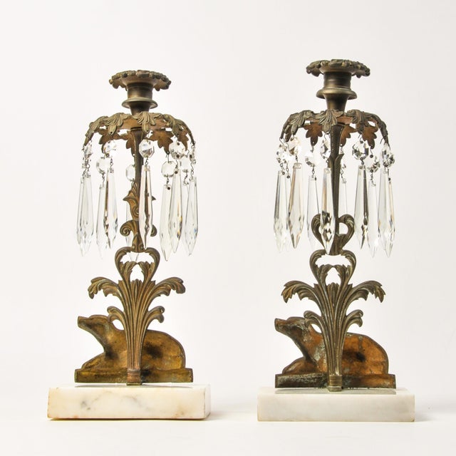 Antique Brass Spaniel Dog Candle Holders With Marble Base and Crystals For Sale - Image 14 of 16
