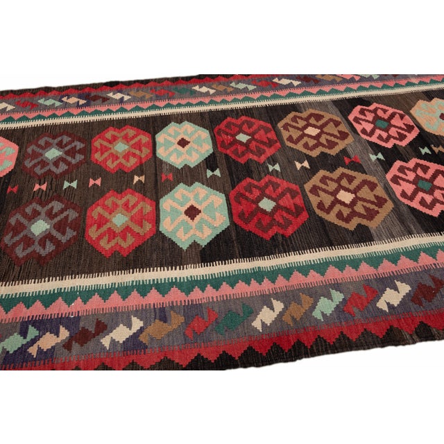 Turkish Vintage Kilim Handmade Flatweave Multicolor Geometric Wool Runner 5' 2'' X 12' 7'' For Sale - Image 3 of 11