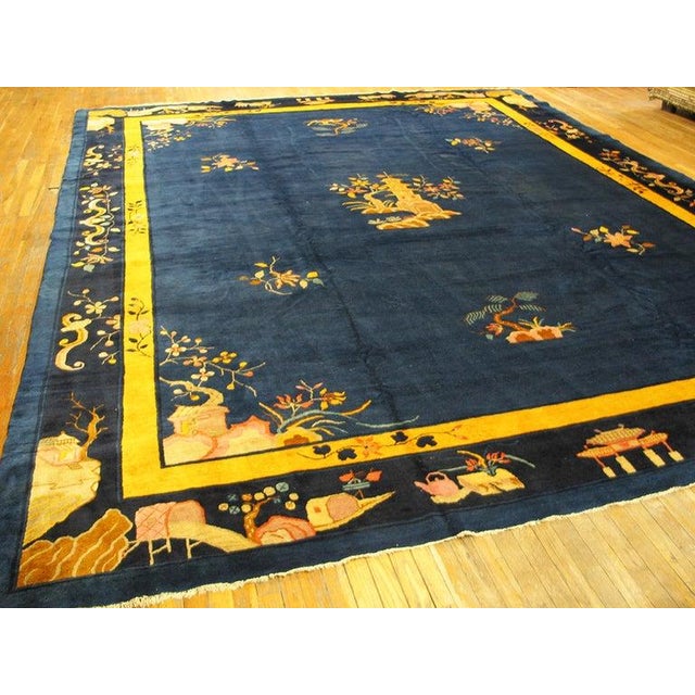 Textile Wool Large Blue Floral Medallion Rectangle Hand Knotted Pile Antique 1930s Rug For Sale - Image 7 of 8