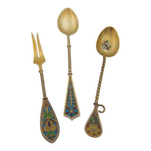 Early 20th Century Plique a Jour Enamel and Silver Gilt Utensils by J. Tostrup and Johan Kjaerland- Set of 3 For Sale