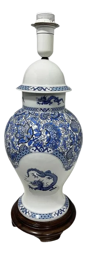 20th Century Limoges France Porcelain Table Lamp with Blue Dragon