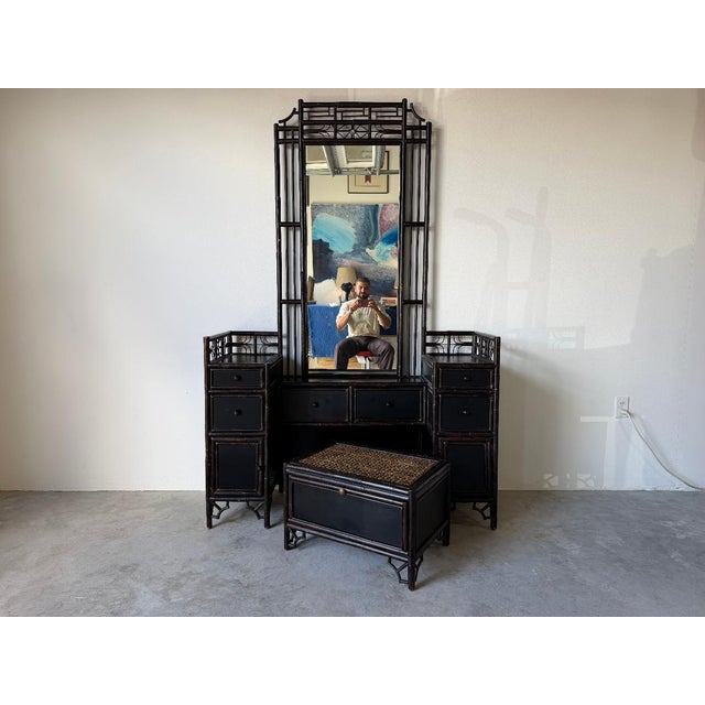 Vintage Chinoiserie Black Lacquered Bamboo Vanity Dressing Table With Mirror, Side Cabinets & Wicker Bench For Sale - Image 14 of 17