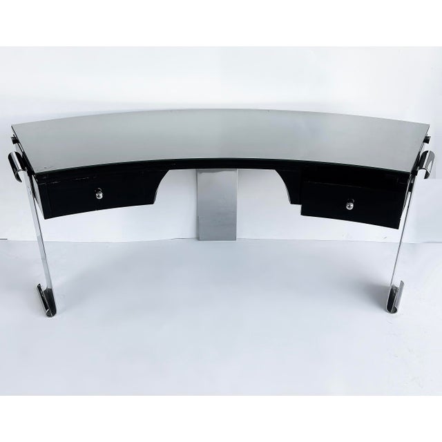 Art Deco Style Lacquer, Stainless Steel Desk, Eugene Printz Style Offered for sale is an Art Deco style black lacquered...