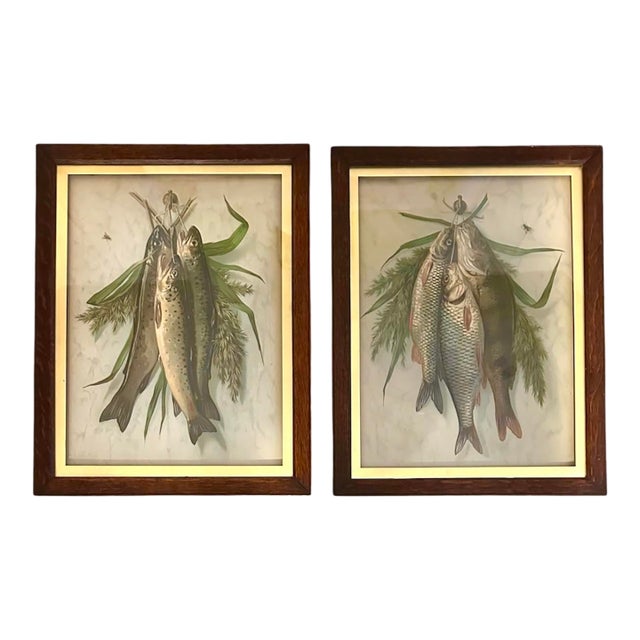 Antique Late 19th Century British School Trompe L’Oeil Embossed Hunt Trophy / Hunting / Fishing / Fish Chromolithographs Prints, a Pair For Sale