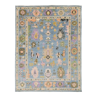 Contemporary Modern Oushak Style Hand-Knotted Wool Area Rug in Sky Blue & Pastel For Sale