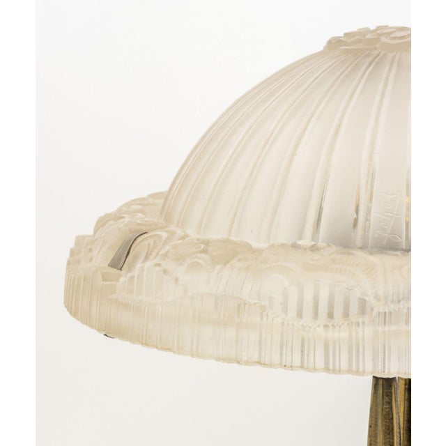 Art Deco Art Deco Signed Frosted Glass and Brass Table Lamp For Sale - Image 3 of 9